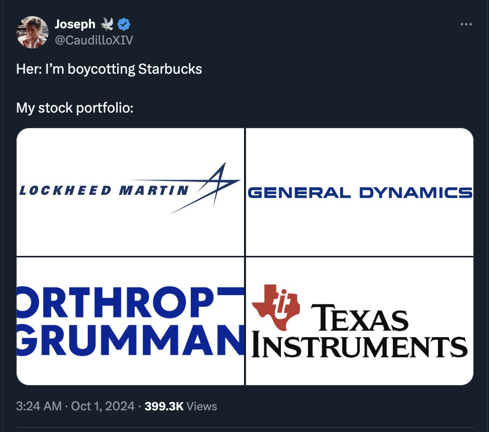 screenshot - Joseph Her I'm boycotting Starbucks My stock portfolio Lockheed Martin General Dynamics Texas Orthrop Grumman Instruments Views